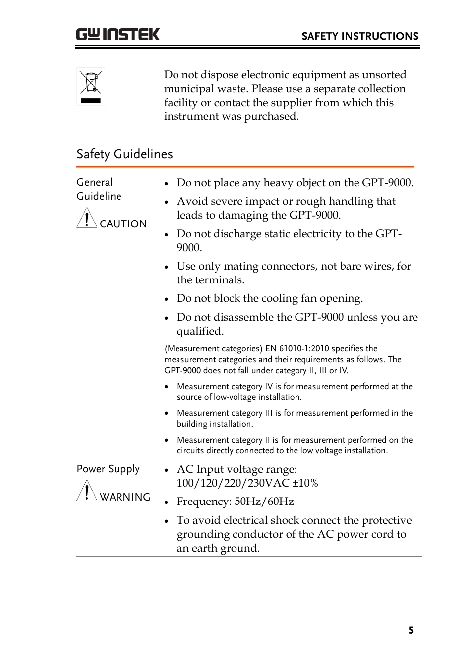 Safety guidelines | GW Instek GPT-9900 series Quick Start Guide User Manual | Page 5 / 28