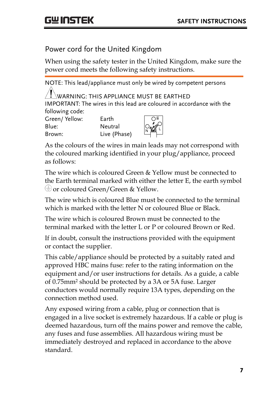 Power cord for the united kingdom | GW Instek GPT-9900 series Quick Start Guide User Manual | Page 7 / 28