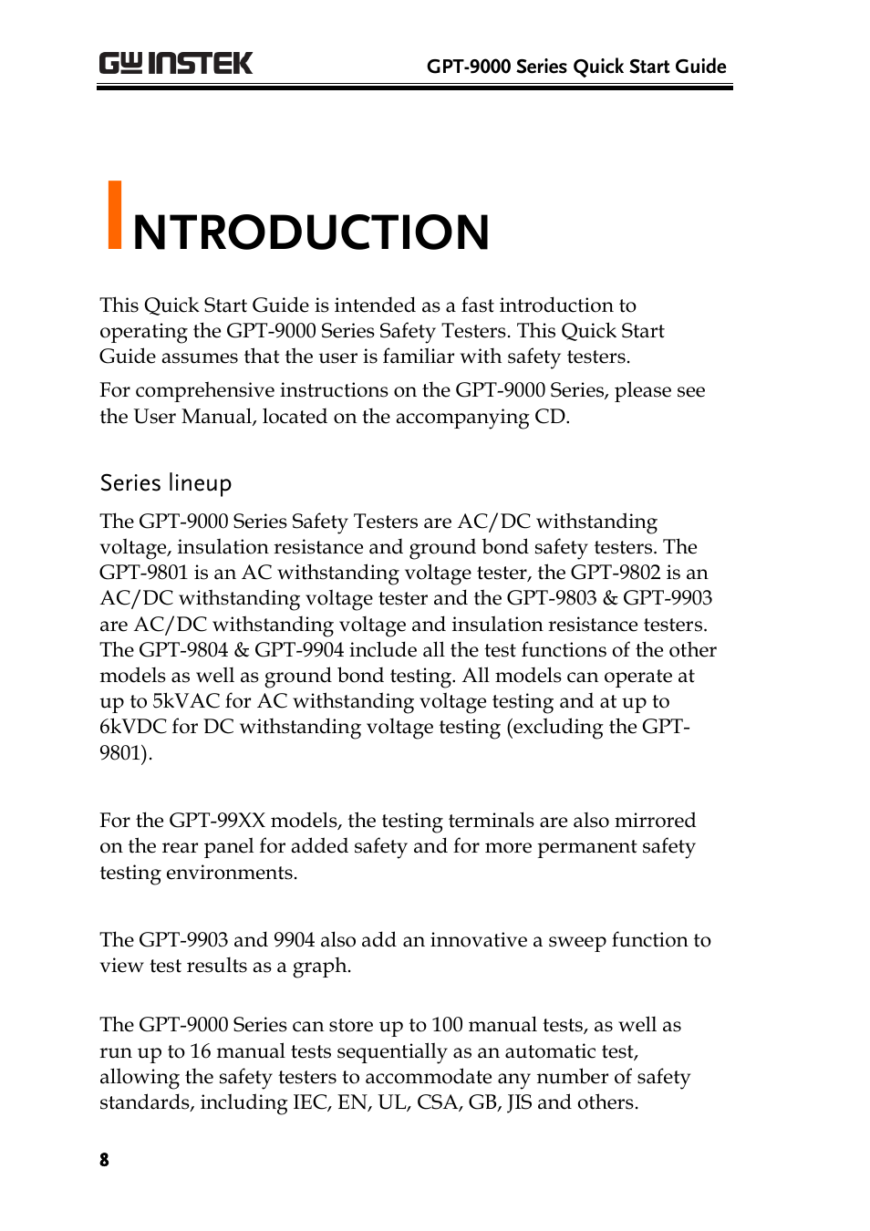 Introduction, Series lineup, Ntroduction | GW Instek GPT-9900 series Quick Start Guide User Manual | Page 8 / 28