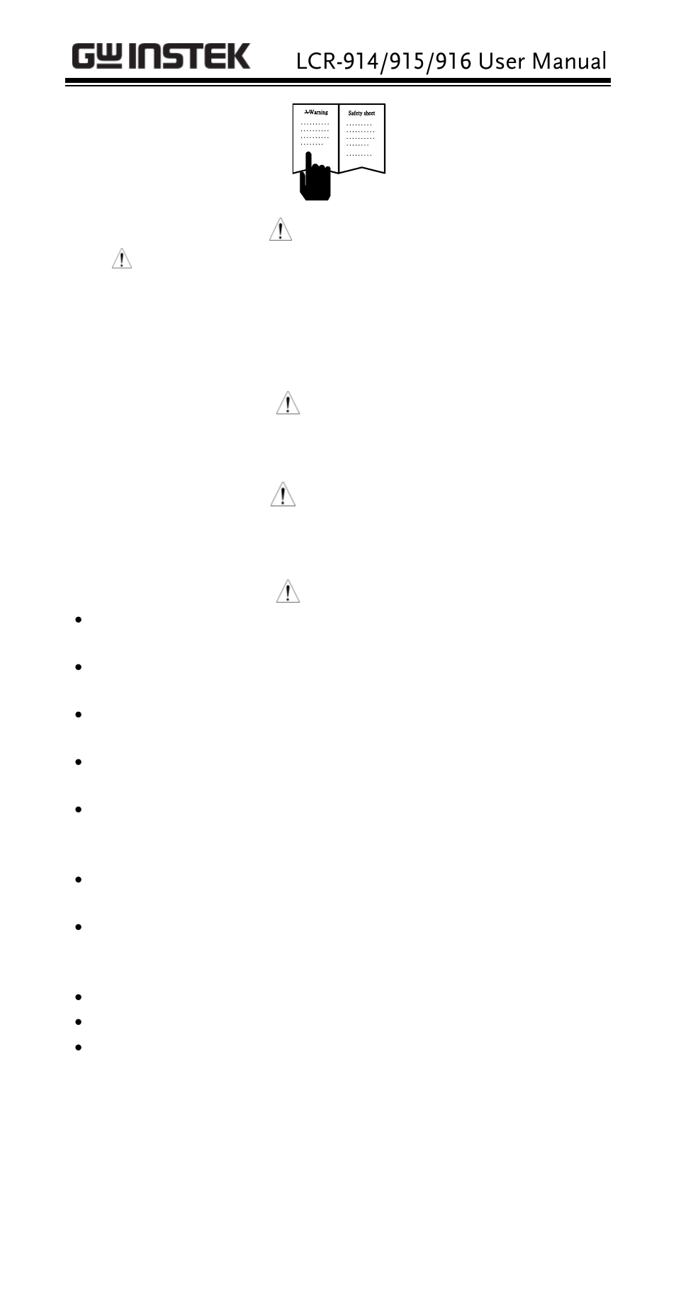 Read first safety information, Warning, Caution | GW Instek LCR-914 User Manual | Page 3 / 28