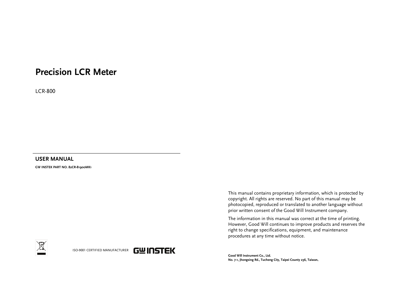 GW Instek LCR-800 Series User Manual | 72 pages