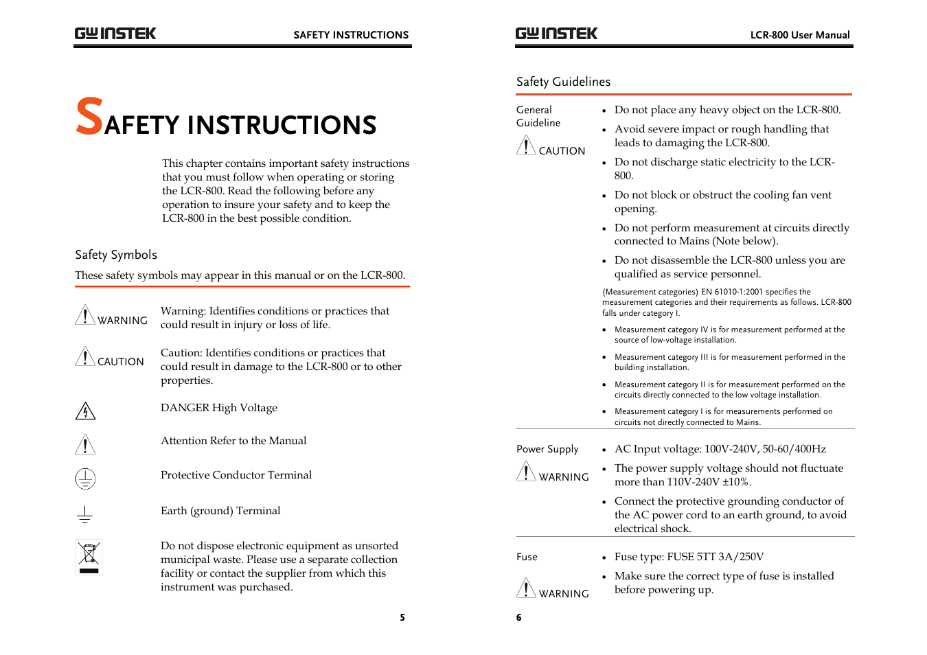 Afety instructions | GW Instek LCR-800 Series User Manual | Page 3 / 72