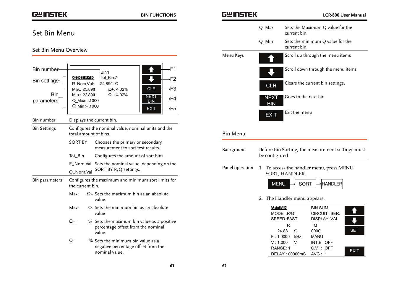 Set bin menu | GW Instek LCR-800 Series User Manual | Page 31 / 72