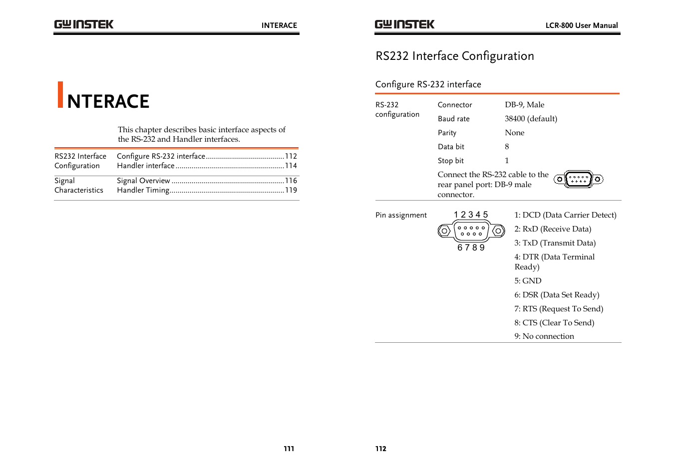 Nterace, Rs232 interface configuration | GW Instek LCR-800 Series User Manual | Page 56 / 72