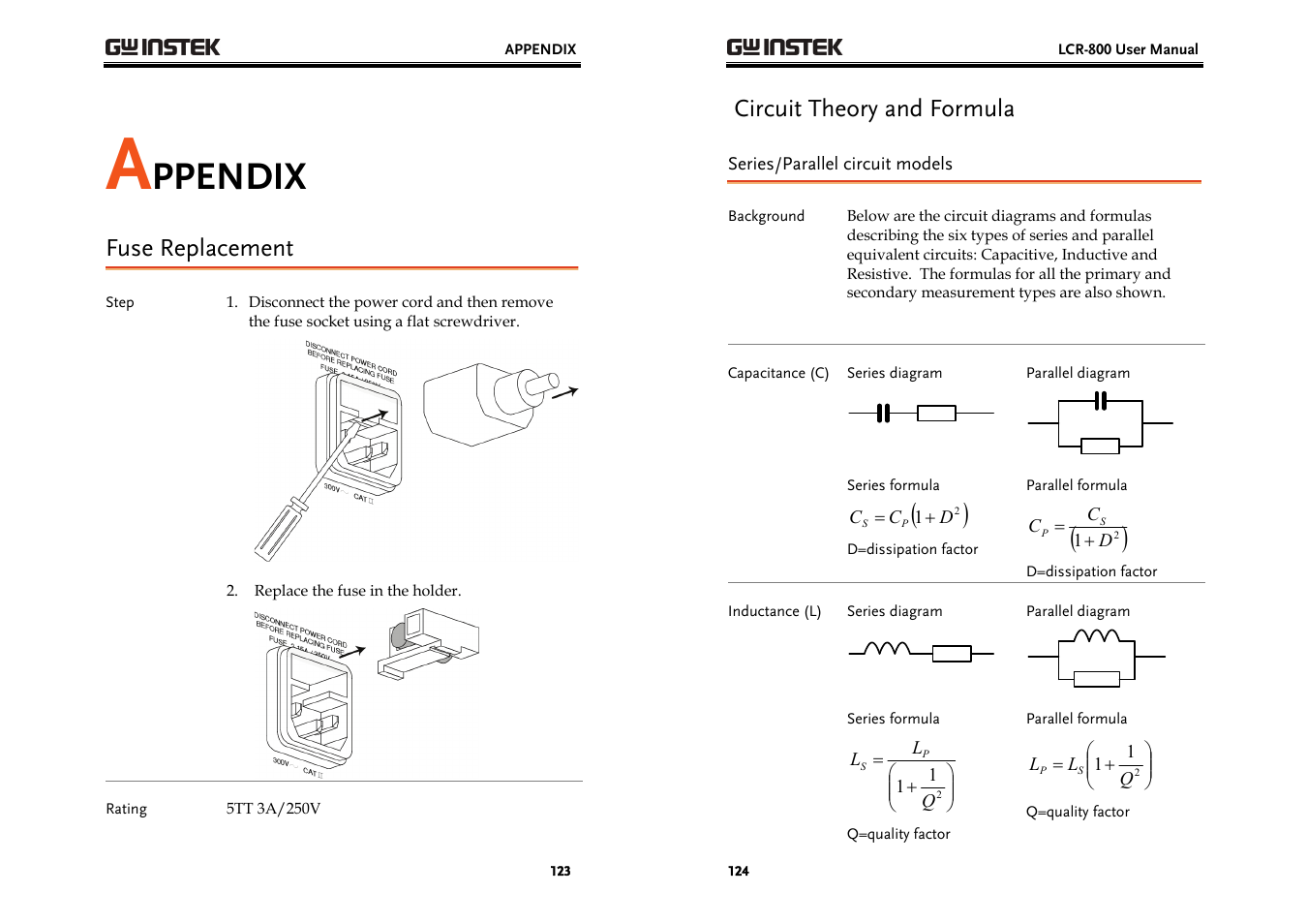 Ppendix, Fuse replacement, Circuit theory and formula | GW Instek LCR-800 Series User Manual | Page 62 / 72