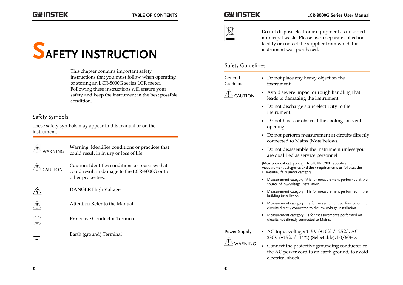 Afety instruction | GW Instek LCR-8000G Series User Manual | Page 3 / 72