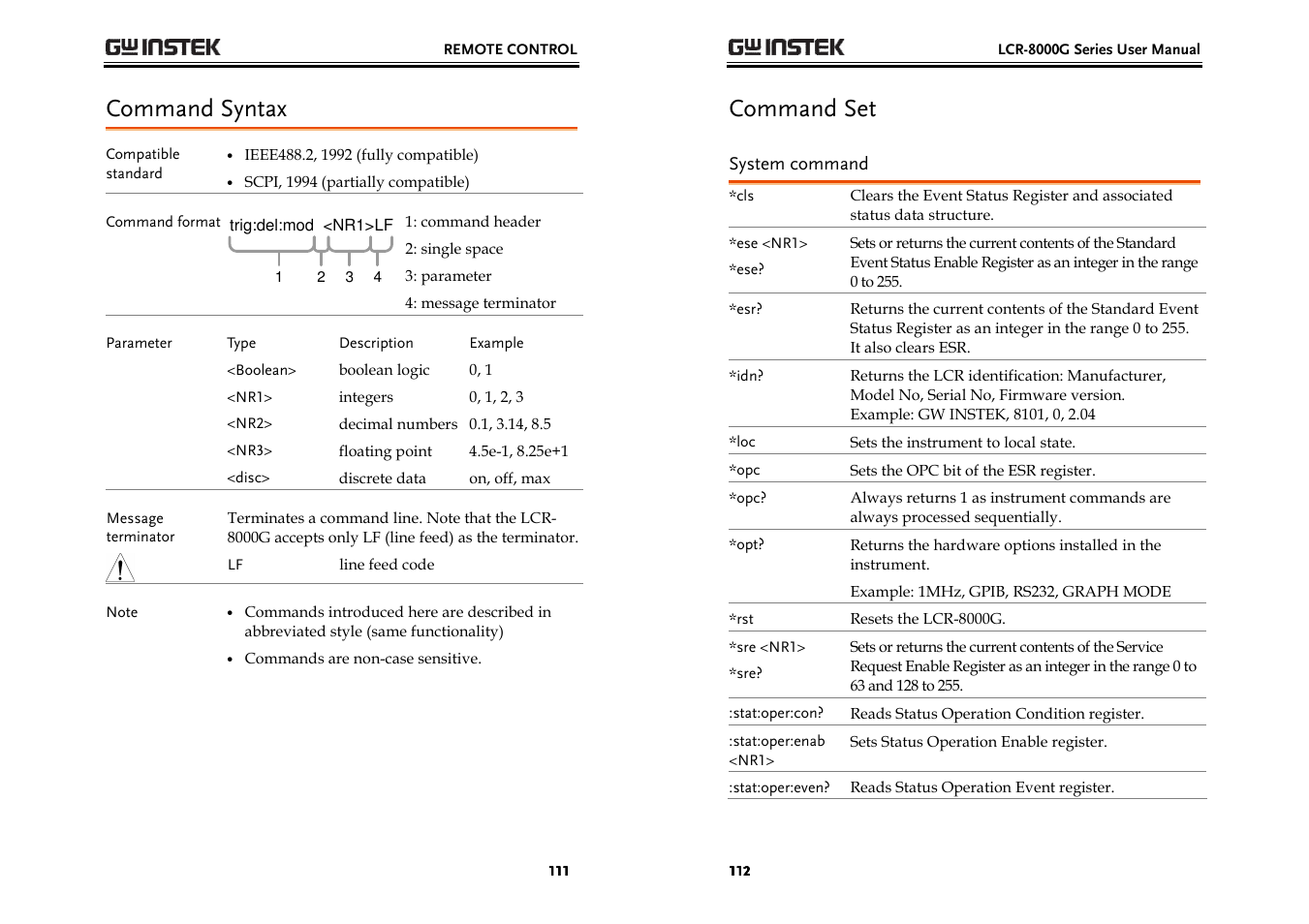 Command syntax, Command set | GW Instek LCR-8000G Series User Manual | Page 56 / 72