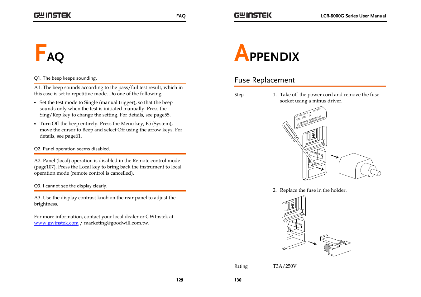 Ppendix, Fuse replacement | GW Instek LCR-8000G Series User Manual | Page 65 / 72