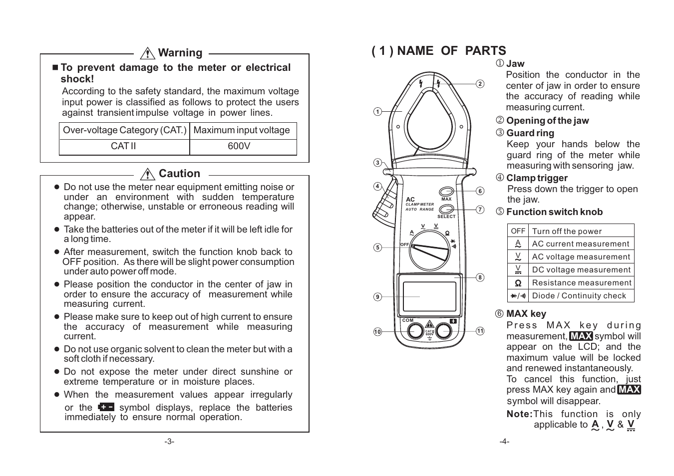 1 ) name of parts, Jk l m n, Warning caution | GW Instek GCM-303 User Manual | Page 3 / 8