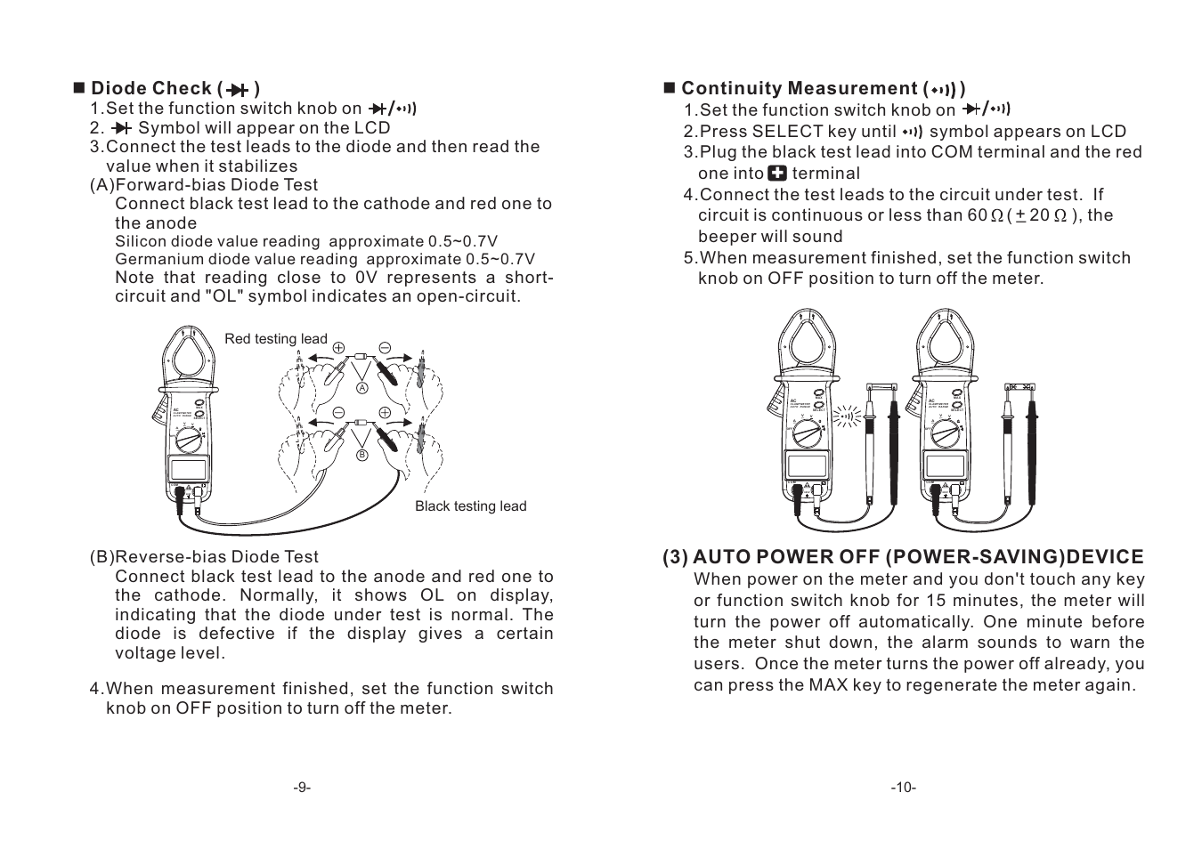 3) auto power off (power-saving)device, N diode check ( ), N continuity measurement ( ) | 600v, Clamp meter auto range, Switch knob | GW Instek GCM-303 User Manual | Page 6 / 8