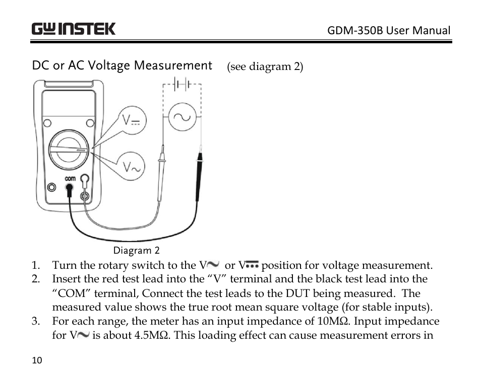 Dc or ac voltage measurement | GW Instek GDM-350B User Manual | Page 12 / 34