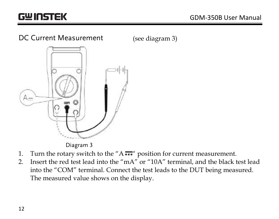 Dc current measurement | GW Instek GDM-350B User Manual | Page 14 / 34