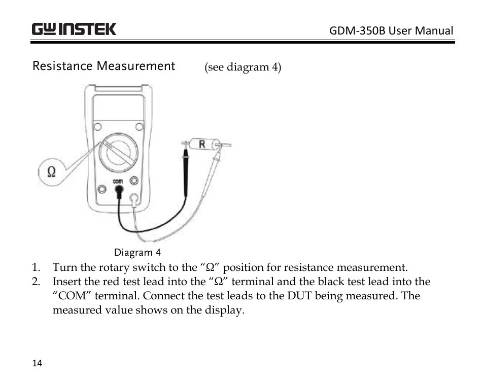 Resistance measurement | GW Instek GDM-350B User Manual | Page 16 / 34