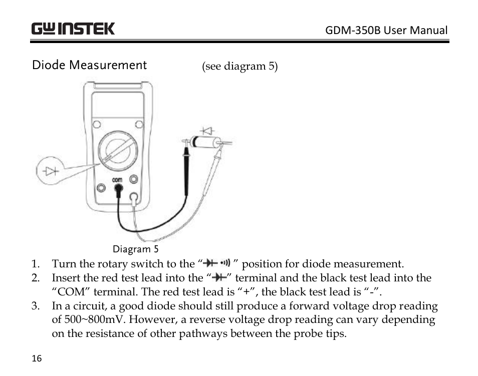 Diode measurement | GW Instek GDM-350B User Manual | Page 18 / 34