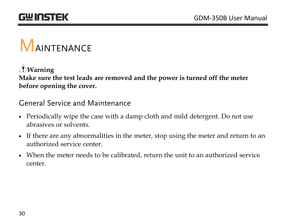 Maintenance, General service and maintenance, Aintenance | GW Instek GDM-350B User Manual | Page 32 / 34