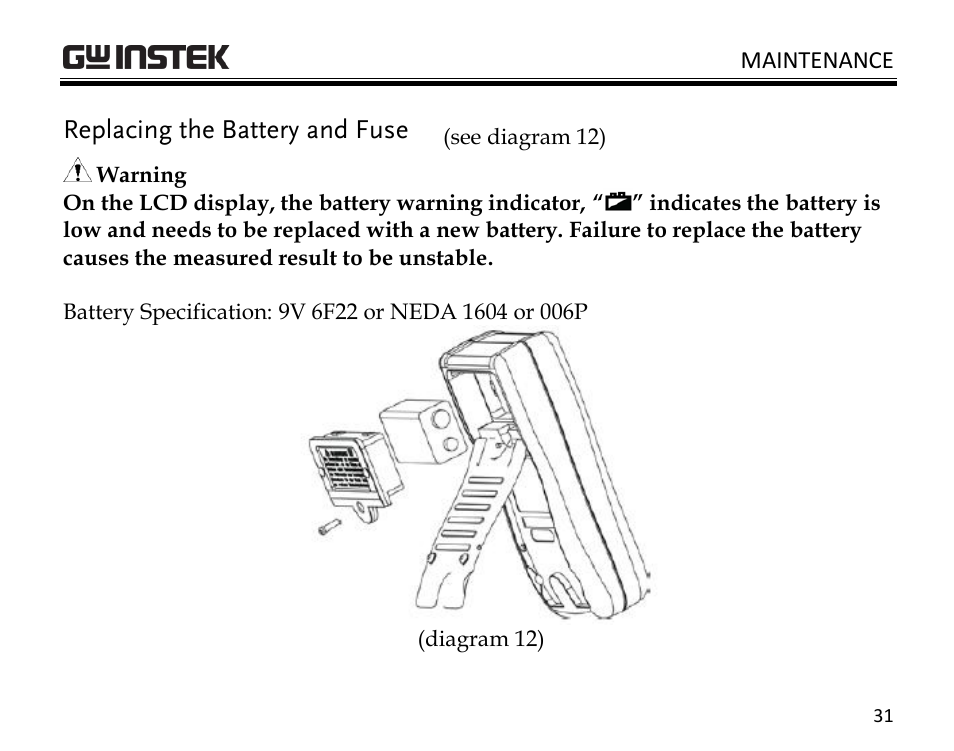 Replacing the battery and fuse | GW Instek GDM-350B User Manual | Page 33 / 34