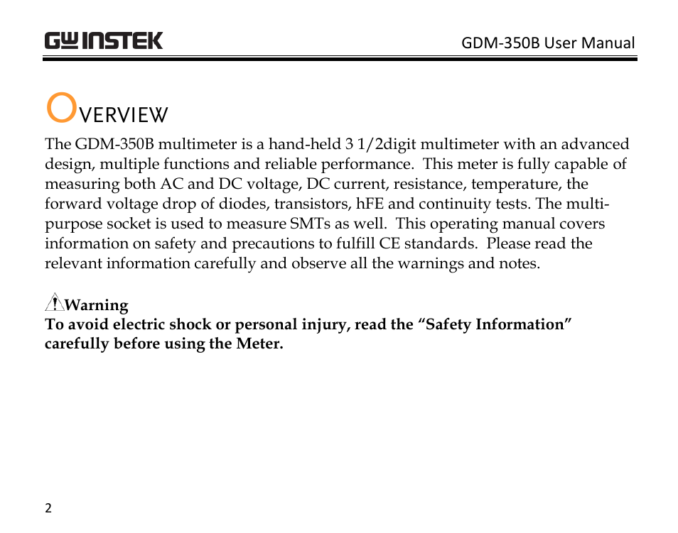 Overview, Verview | GW Instek GDM-350B User Manual | Page 4 / 34