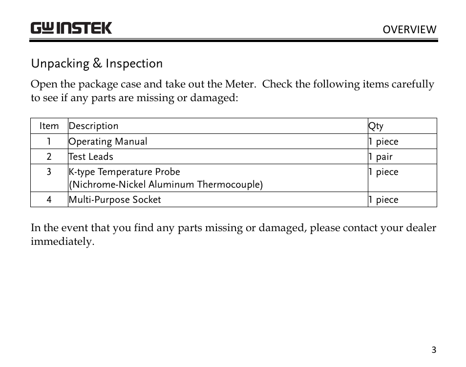 Unpacking & inspection | GW Instek GDM-350B User Manual | Page 5 / 34
