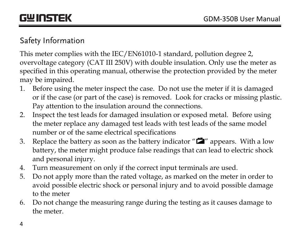 Safety information | GW Instek GDM-350B User Manual | Page 6 / 34