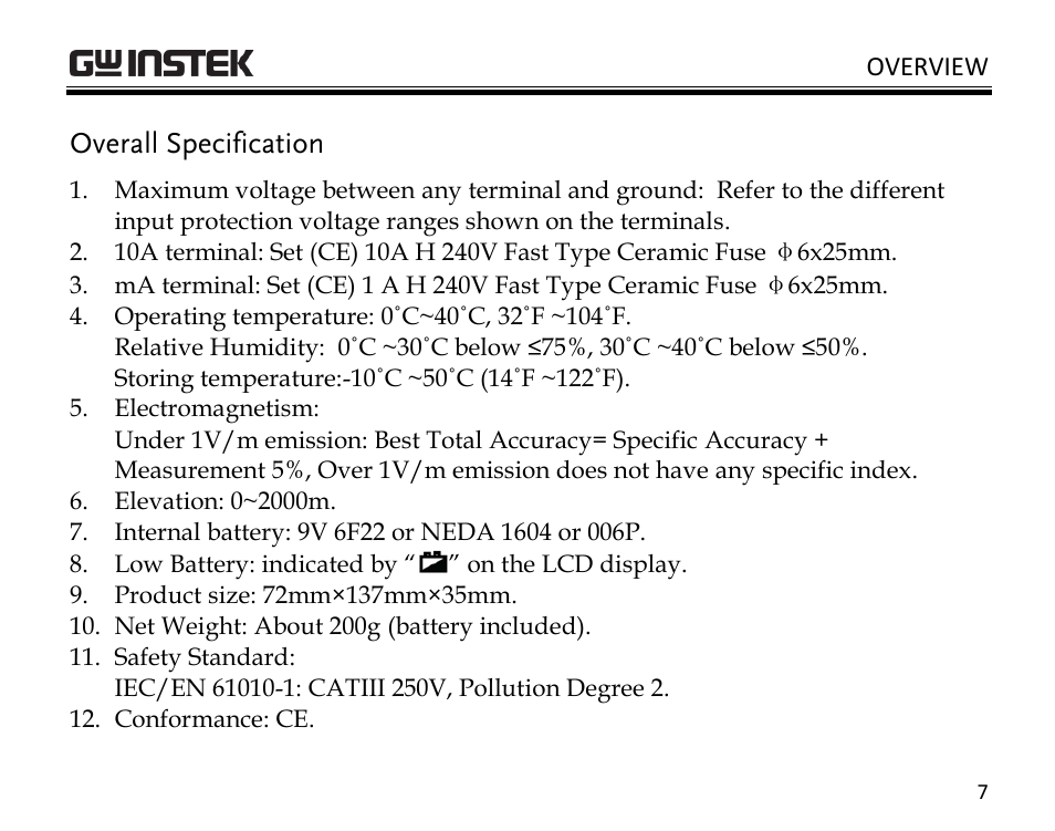 Overall specification | GW Instek GDM-350B User Manual | Page 9 / 34