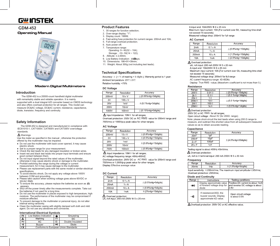 GW Instek GDM-452 User Manual | 3 pages