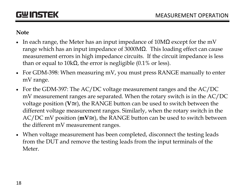 Measurement operation | GW Instek GDM-398 User Manual | Page 20 / 75