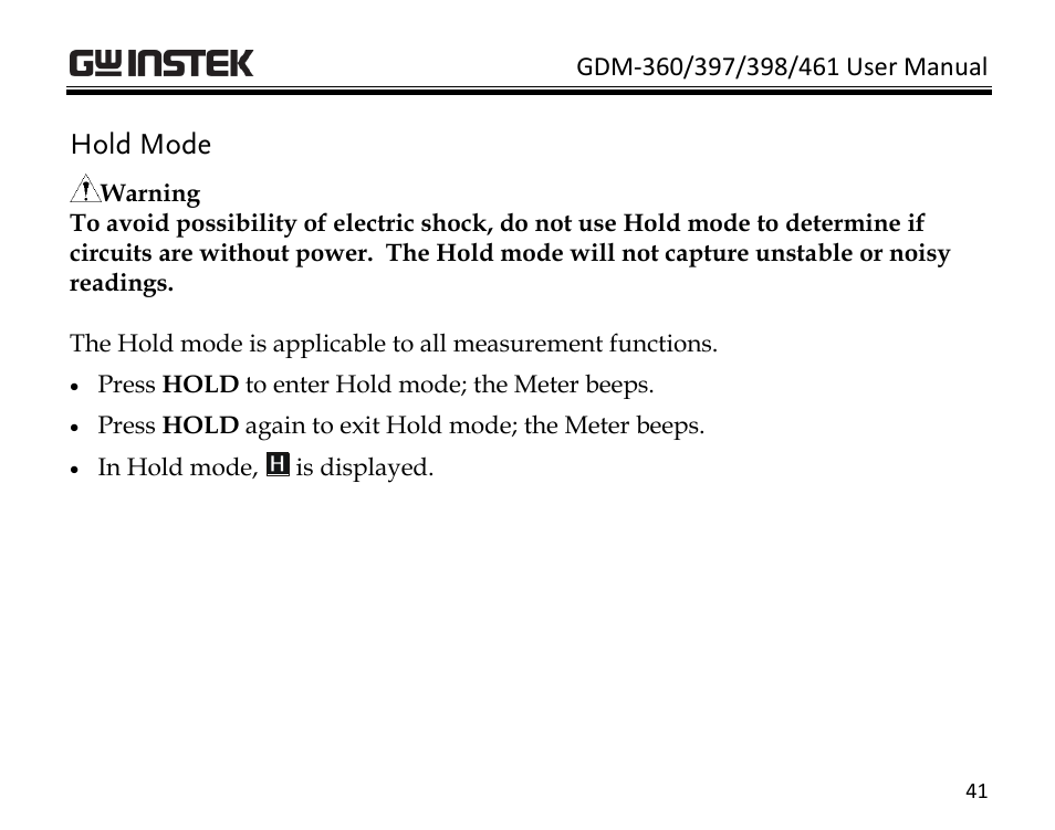 Hold mode | GW Instek GDM-398 User Manual | Page 43 / 75