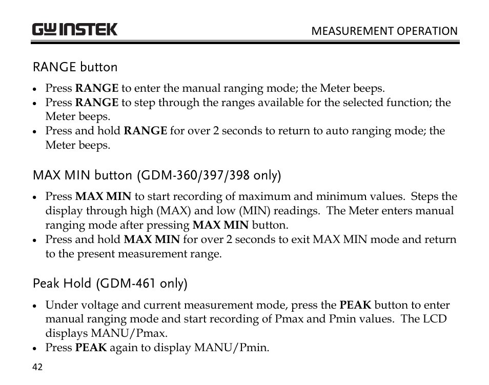 Range button, Peak hold (gdm-461 only), Measurement operation | GW Instek GDM-398 User Manual | Page 44 / 75