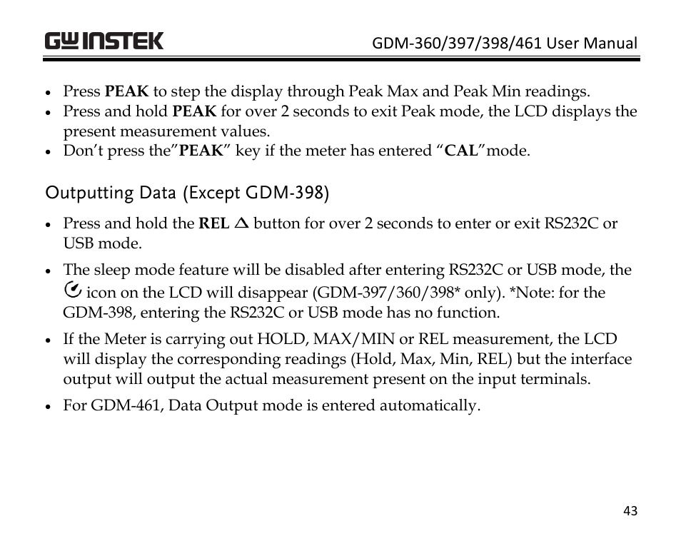 Outputting data (except gdm-398) | GW Instek GDM-398 User Manual | Page 45 / 75