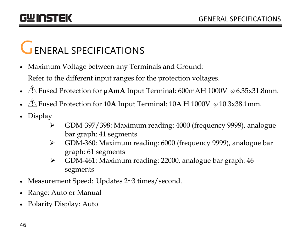 Eneral specifications | GW Instek GDM-398 User Manual | Page 48 / 75