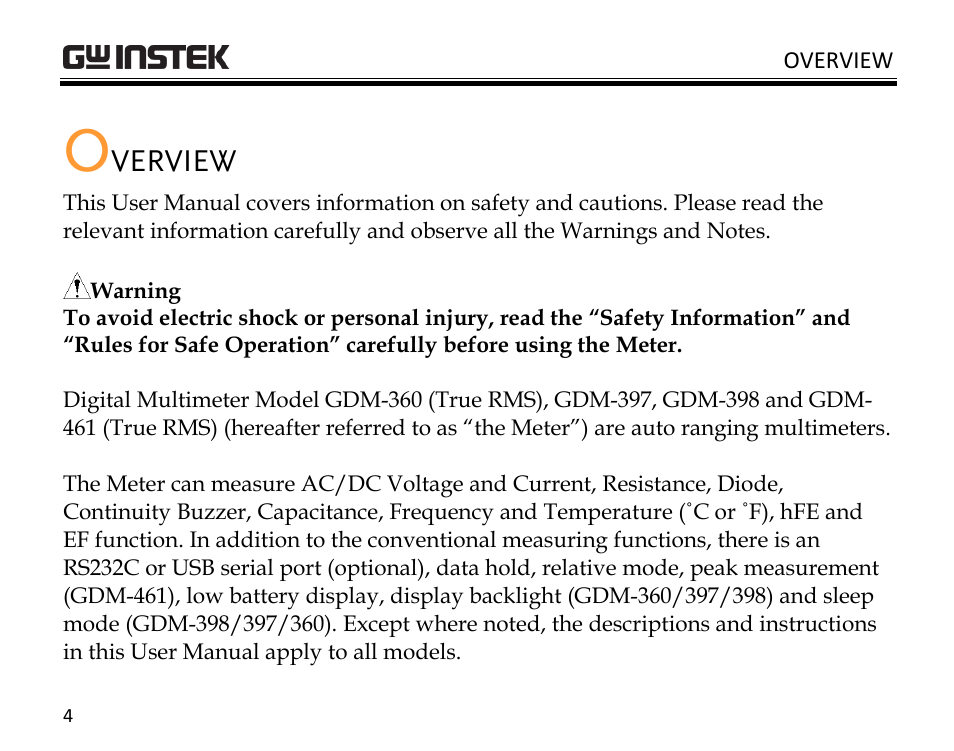 Verview | GW Instek GDM-398 User Manual | Page 6 / 75