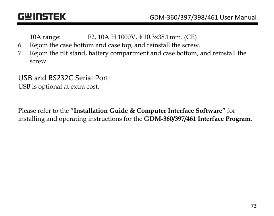 Usb and rs232c serial port | GW Instek GDM-398 User Manual | Page 75 / 75