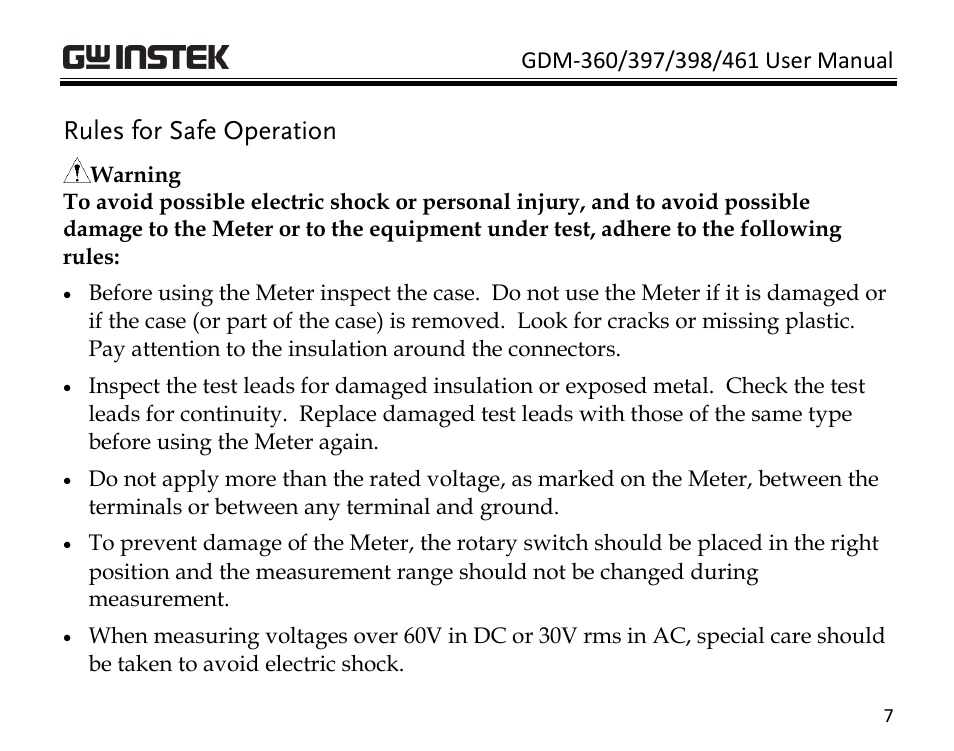 Rules for safe operation | GW Instek GDM-398 User Manual | Page 9 / 75