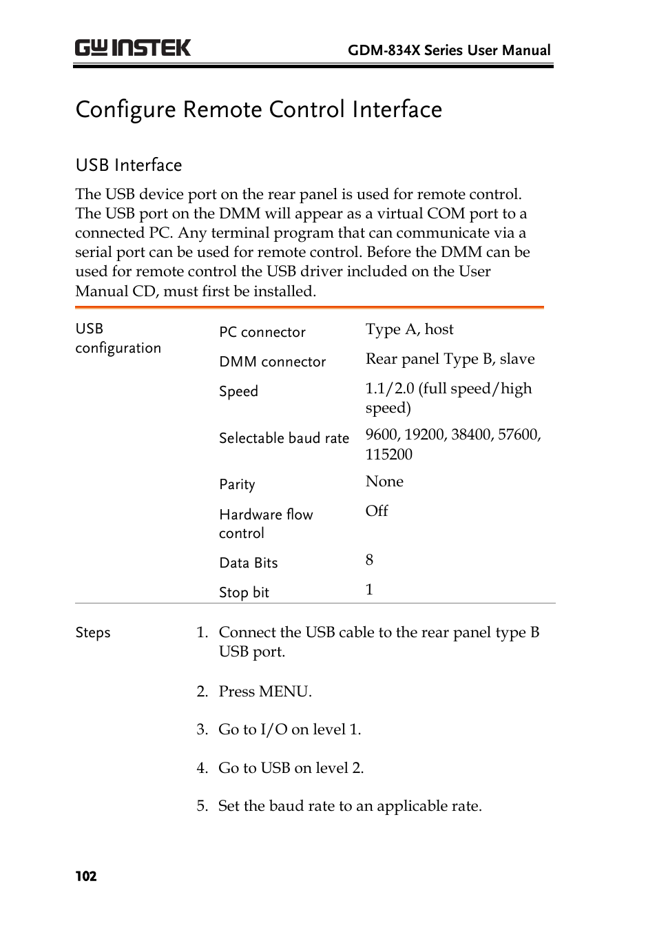 Configure remote control interface, Usb interface | GW Instek GDM-8300 series User Manual User Manual | Page 102 / 158