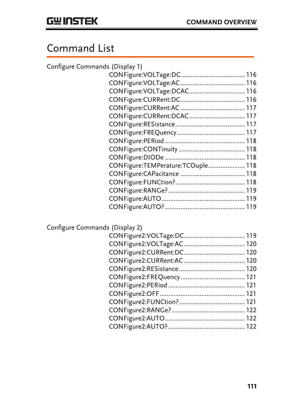 Command list | GW Instek GDM-8300 series User Manual User Manual | Page 111 / 158