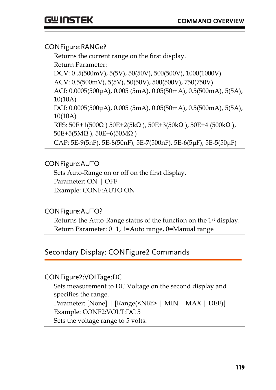 Secondary display: configure2 commands | GW Instek GDM-8300 series User Manual User Manual | Page 119 / 158
