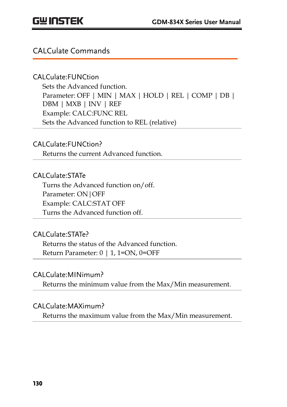 Calculate commands | GW Instek GDM-8300 series User Manual User Manual | Page 130 / 158