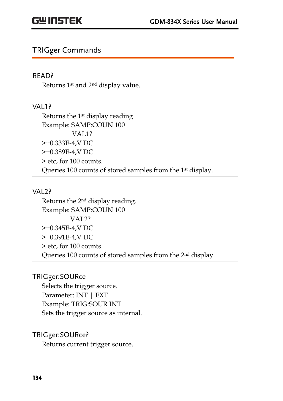 Trigger commands, Read, Val1 | Val2, Trigger:source | GW Instek GDM-8300 series User Manual User Manual | Page 134 / 158