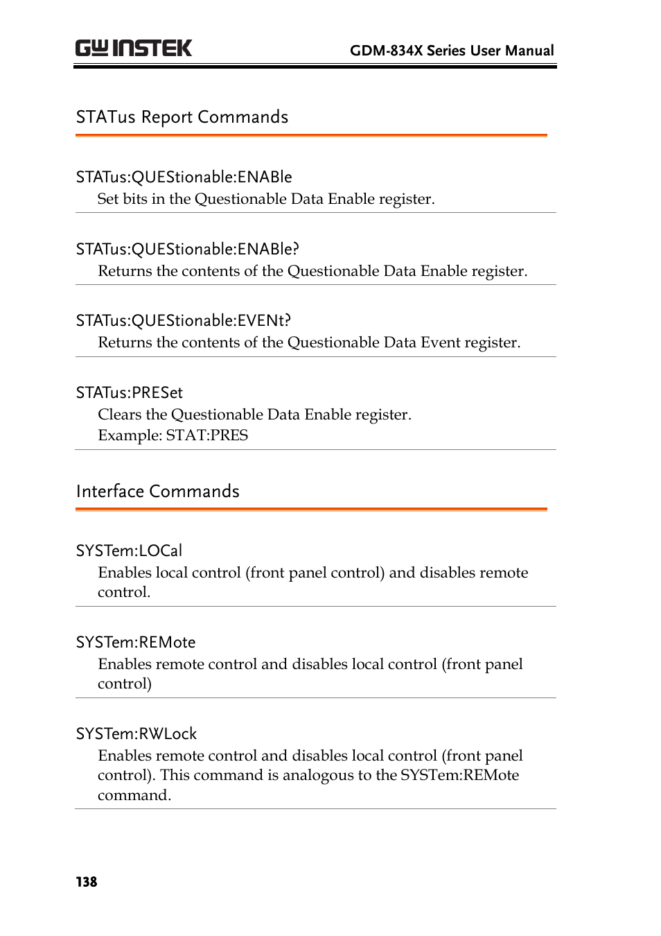 Status report commands, Interface commands | GW Instek GDM-8300 series User Manual User Manual | Page 138 / 158