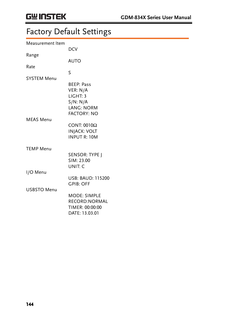 Factory default settings | GW Instek GDM-8300 series User Manual User Manual | Page 144 / 158
