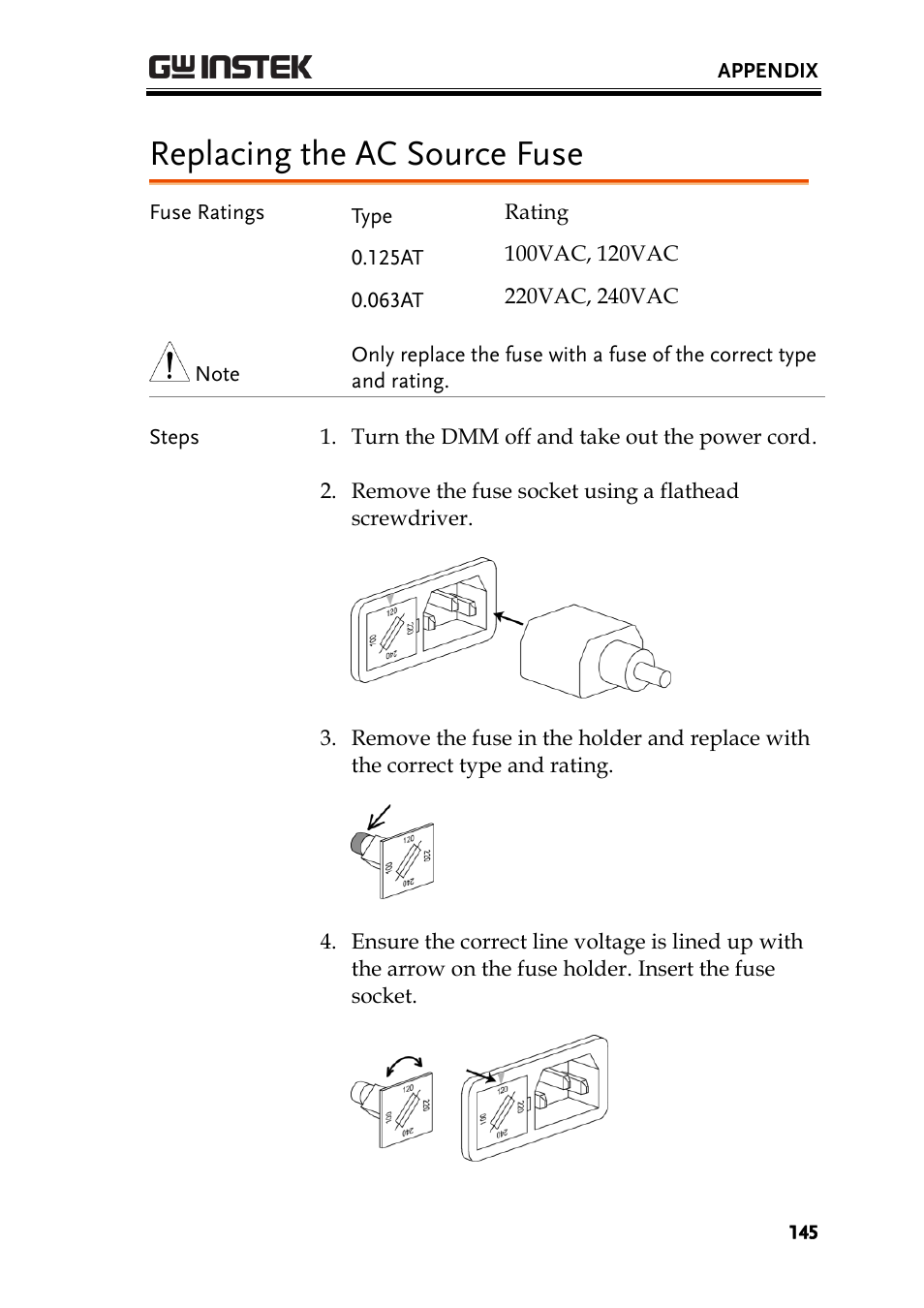 Replacing the ac source fuse | GW Instek GDM-8300 series User Manual User Manual | Page 145 / 158