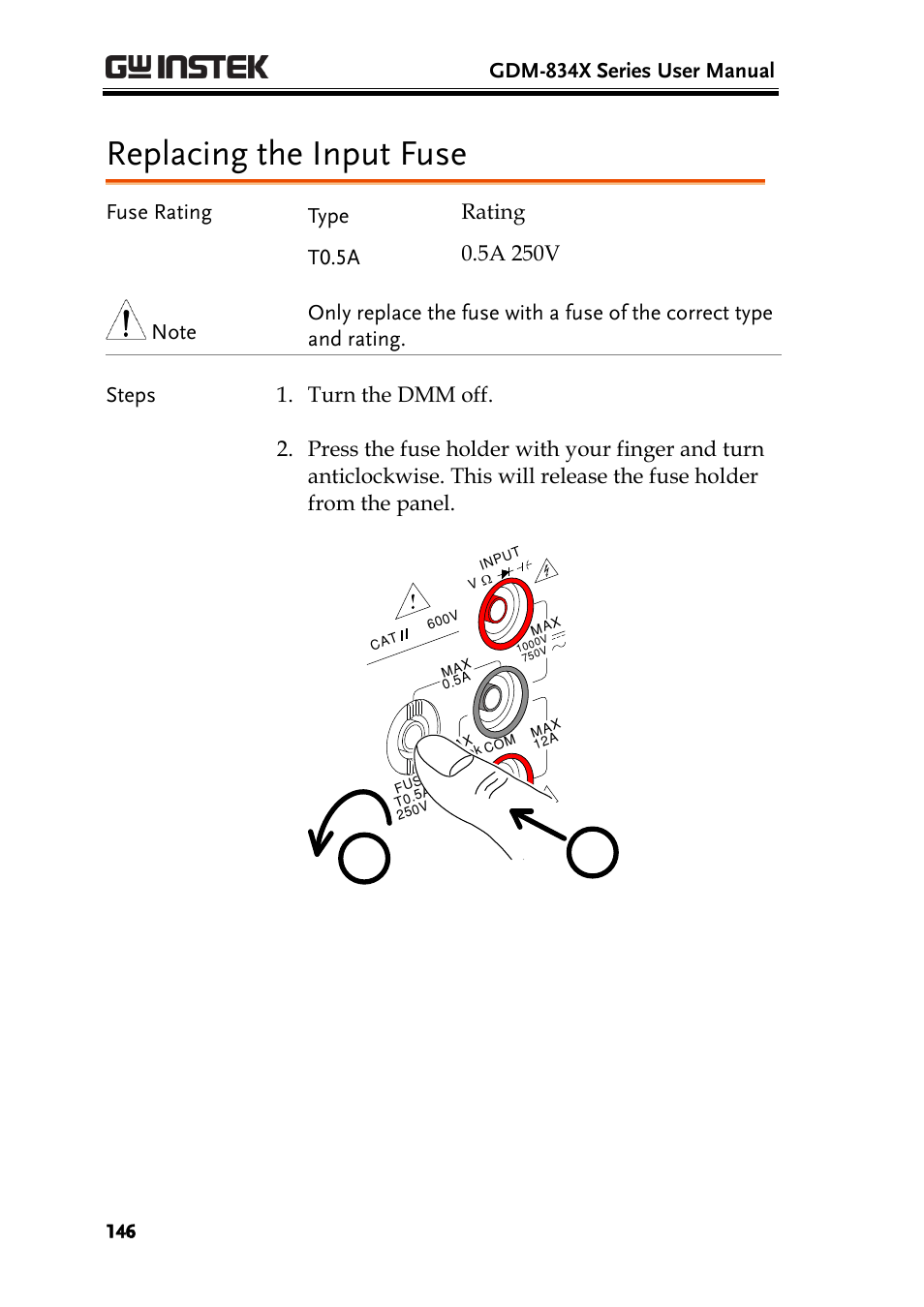 Replacing the input fuse, Gdm-834x series user manual | GW Instek GDM-8300 series User Manual User Manual | Page 146 / 158