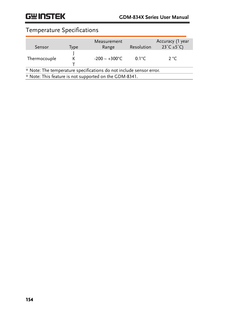 Temperature specifications | GW Instek GDM-8300 series User Manual User Manual | Page 154 / 158