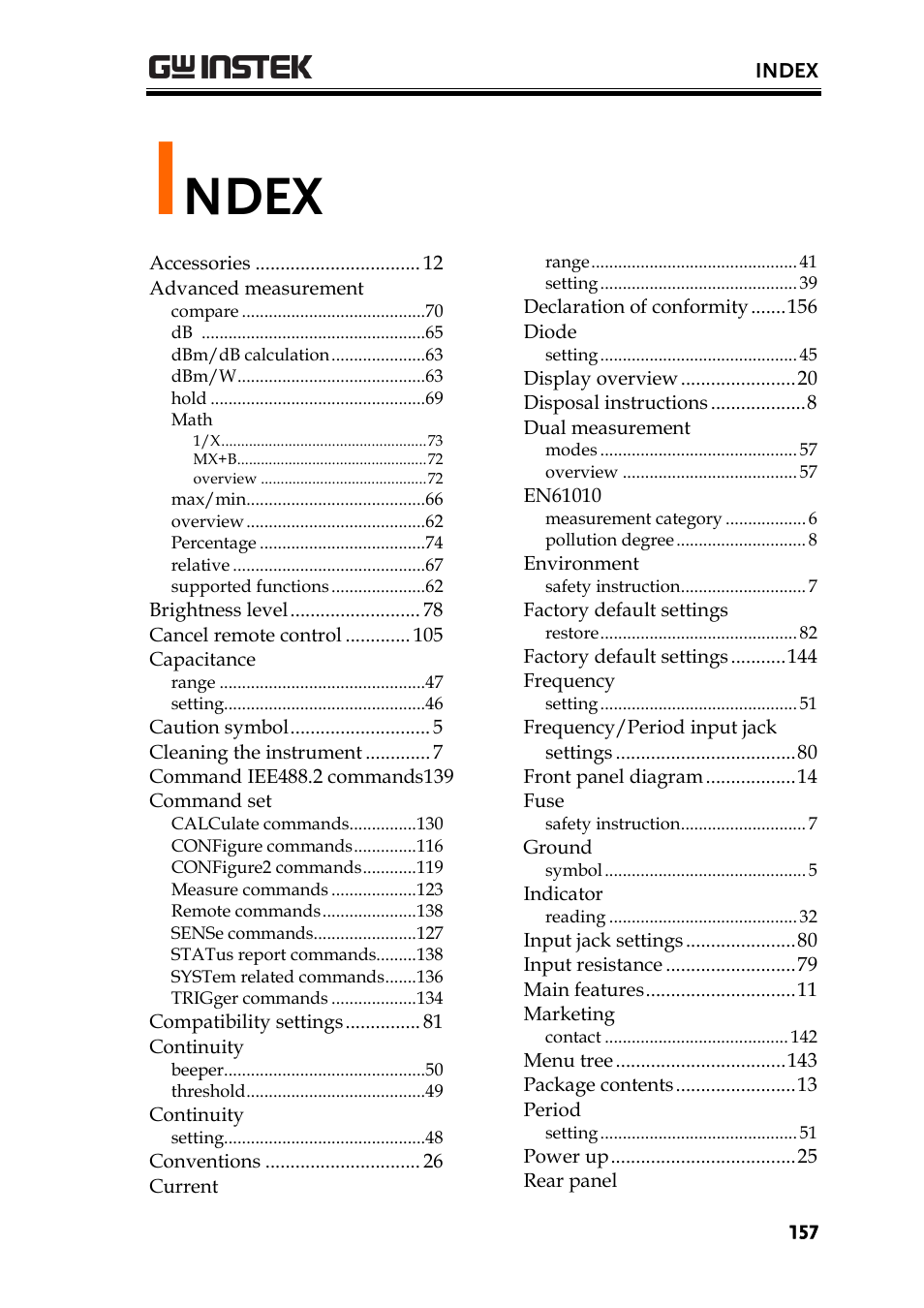 Index, Ndex | GW Instek GDM-8300 series User Manual User Manual | Page 157 / 158
