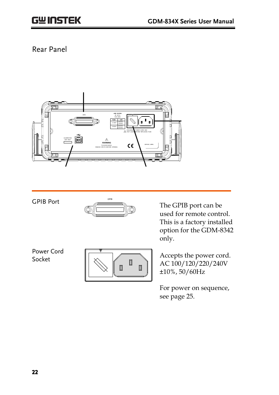Rear panel, Gdm-834x series user manual, Optional gpib port (gdm-8342 only) | Gpib port | GW Instek GDM-8300 series User Manual User Manual | Page 22 / 158