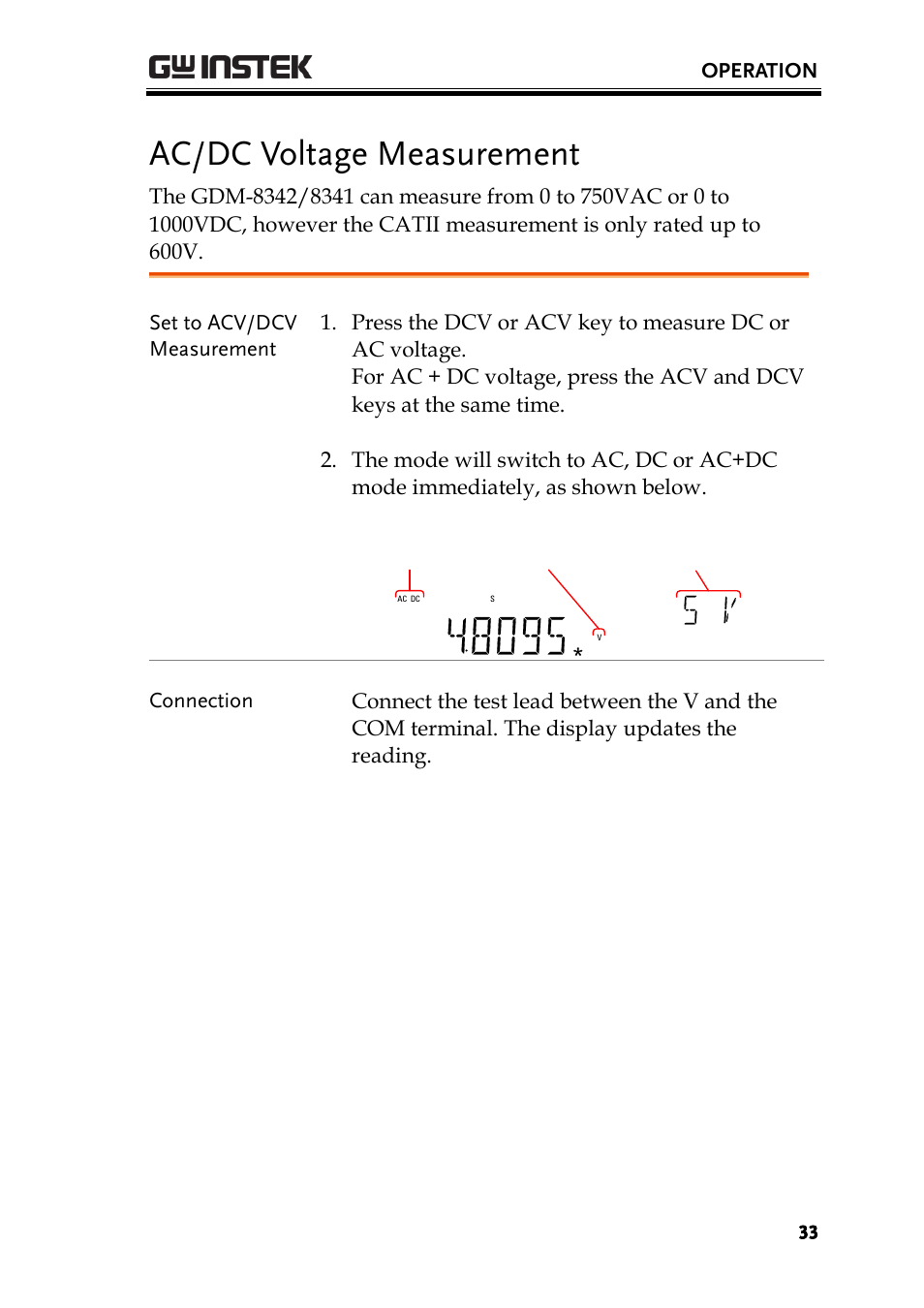Ac/dc voltage measurement, Ge 33) | GW Instek GDM-8300 series User Manual User Manual | Page 33 / 158