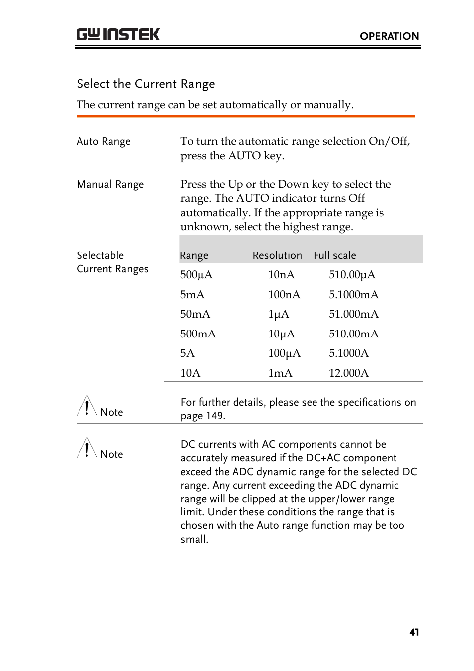 Select the current range | GW Instek GDM-8300 series User Manual User Manual | Page 41 / 158