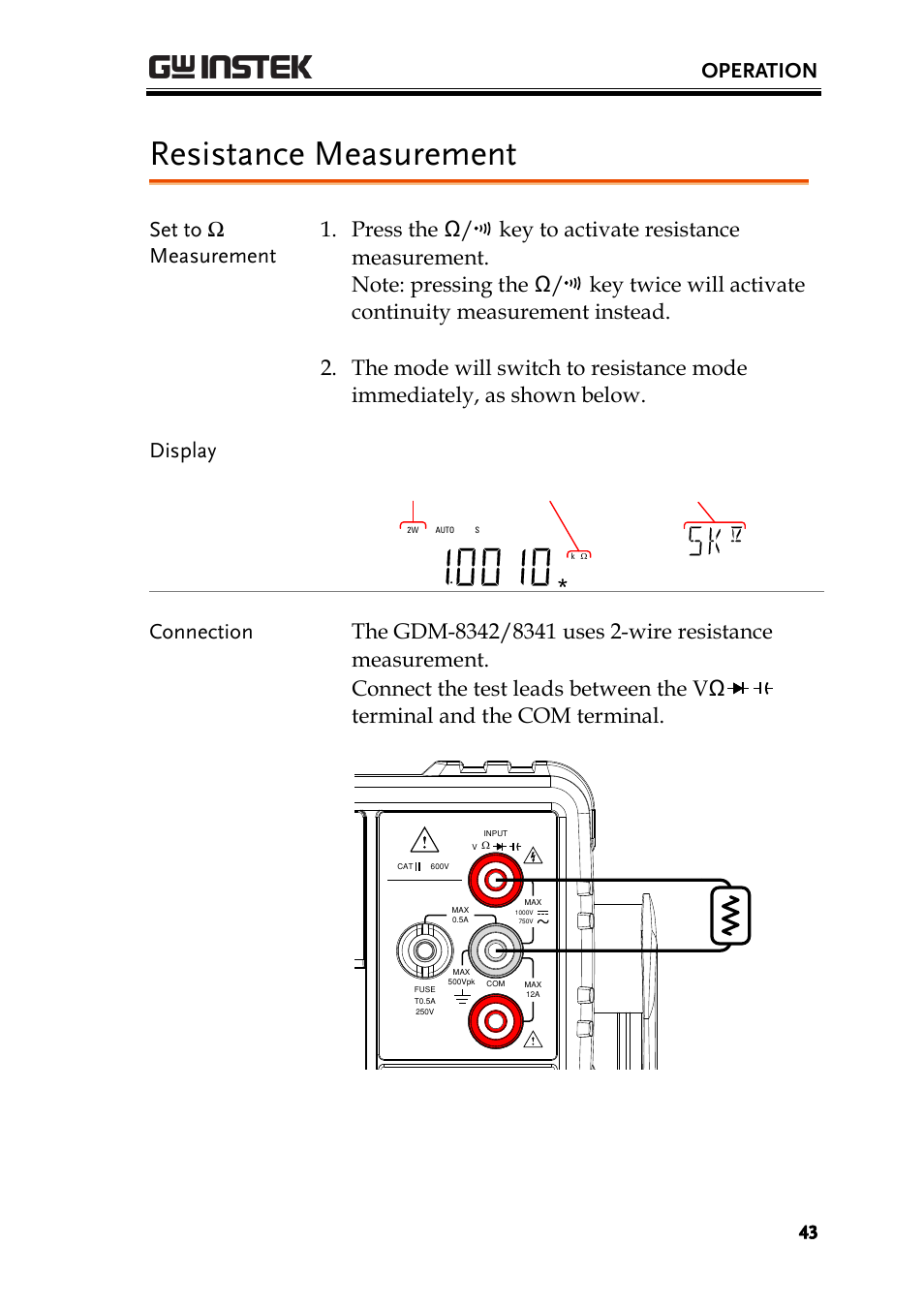 Resistance measurement, Ge 43, Operation | GW Instek GDM-8300 series User Manual User Manual | Page 43 / 158