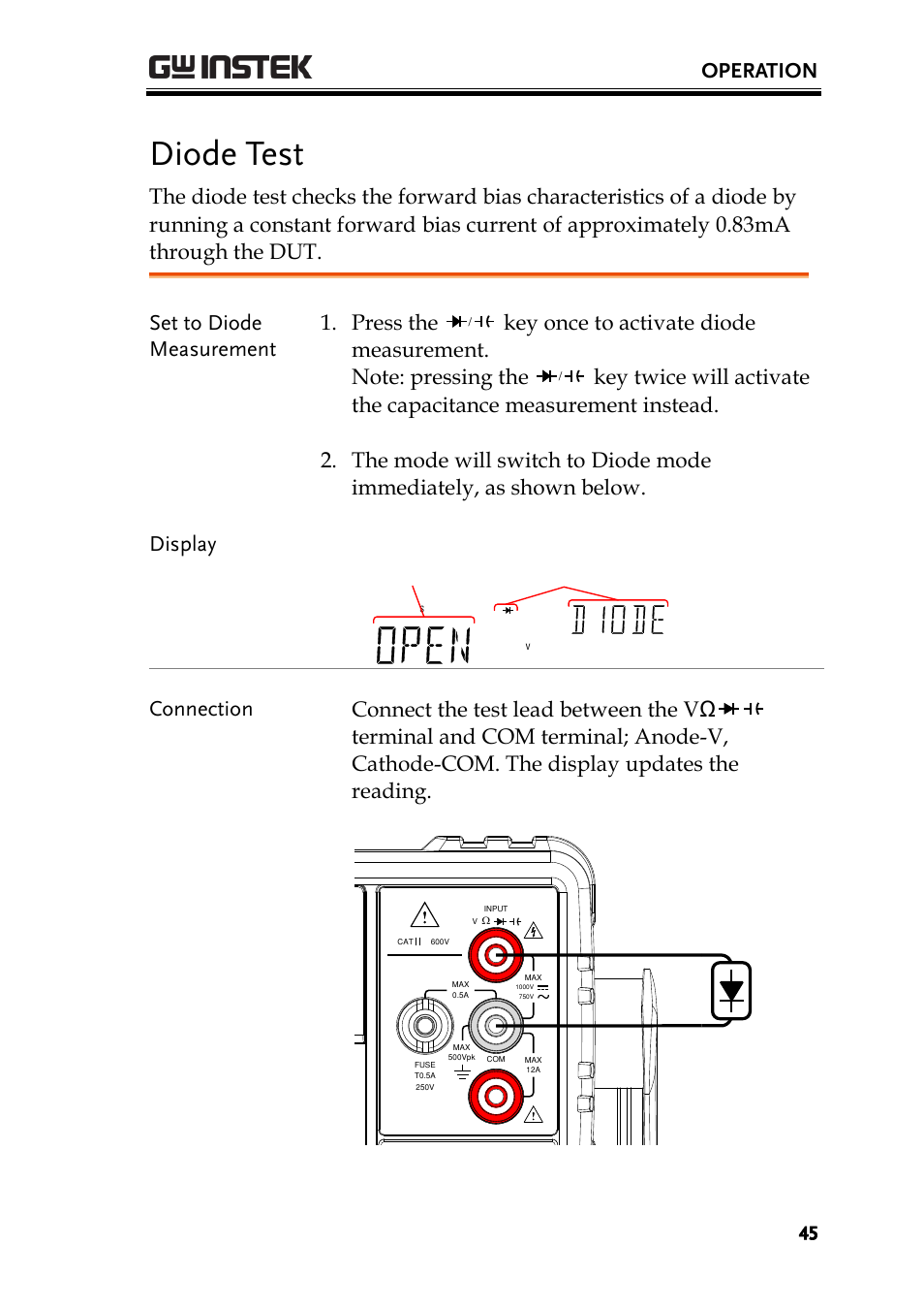 Diode test, Ge 45, Operation | Set to diode measurement 1. press the | GW Instek GDM-8300 series User Manual User Manual | Page 45 / 158