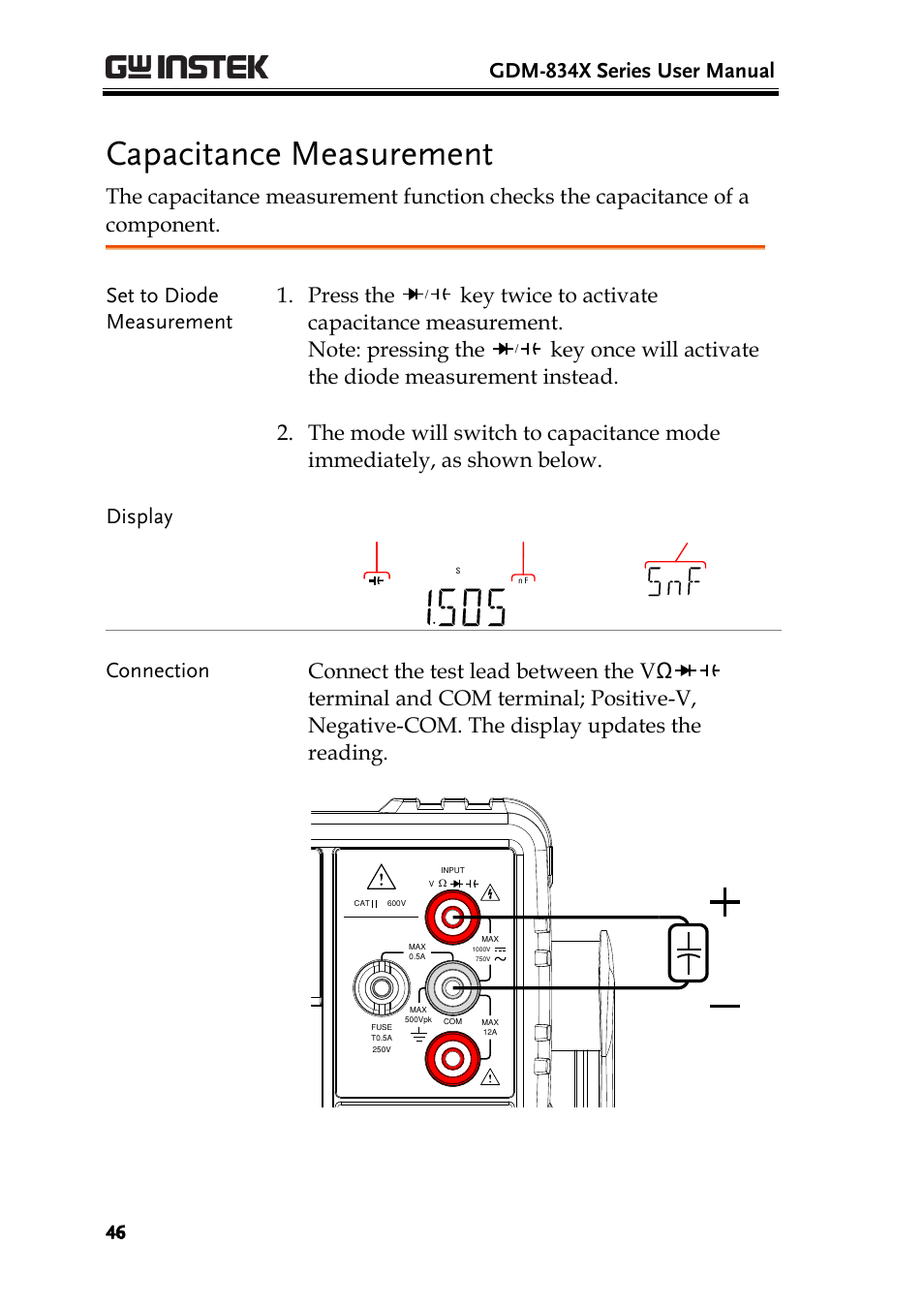 Capacitance measurement, Gdm-834x series user manual, Set to diode measurement 1. press the | GW Instek GDM-8300 series User Manual User Manual | Page 46 / 158